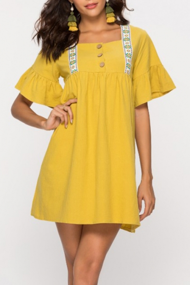 Summer Trendy Yellow Square Neck Button Front Ruffled Sleeve Mini Swing Dress