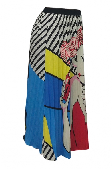 Summer Women New Stylish Causal Cartoon Print Midi Elastic Waist Pleated Skirt