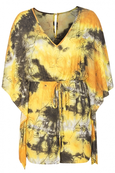 Summer Women's Hot Stylish V-Neck Floral Printed Tie Dye Drawstring Waist Batwing Sleeves Boho Leisure Romper