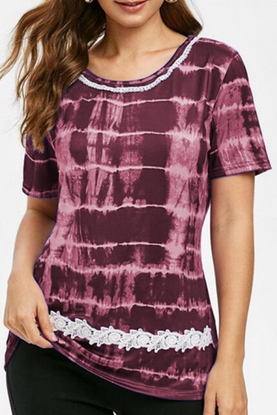 Summer Womens Fashion Tie Dye Chic Lace Patched Round Neck Short Sleeve Loose Fit T-Shirt
