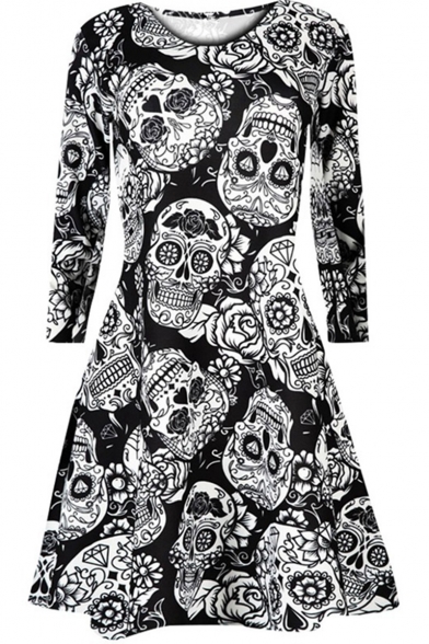 Summer Womens Halloween Skull Print Round Neck Long Sleeve Black A-Line Mini Dress