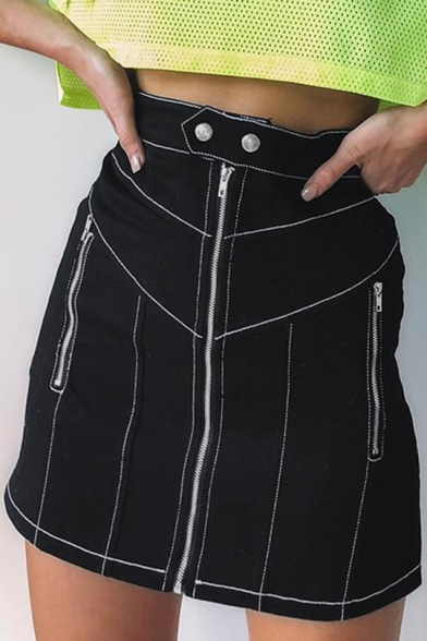 black contrast stitch denim skirt