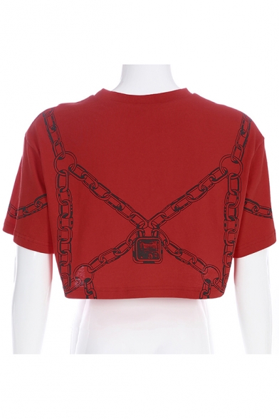 Summer Womens Unique Red Chain Pattern Round Neck Short Sleeve Casual Crop Tee