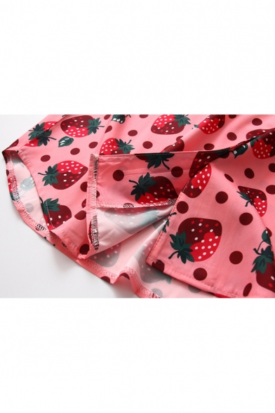 Sweet Girls Pink Strawberry Pattern Lapel Collar Short Sleeve Button Shirt