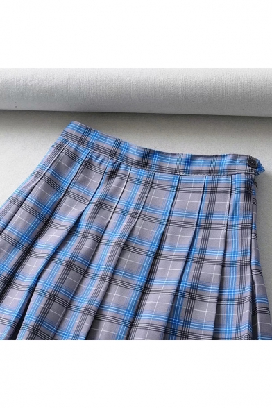 Sweet Womens Hot Stylish High Waist Check Print Button Side Pleated A-Line Mini Skirt