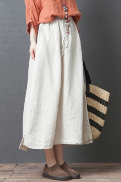 Trendy Simple Solid Color Drawstring Elastic Waist Casual Maxi Linen Skirt
