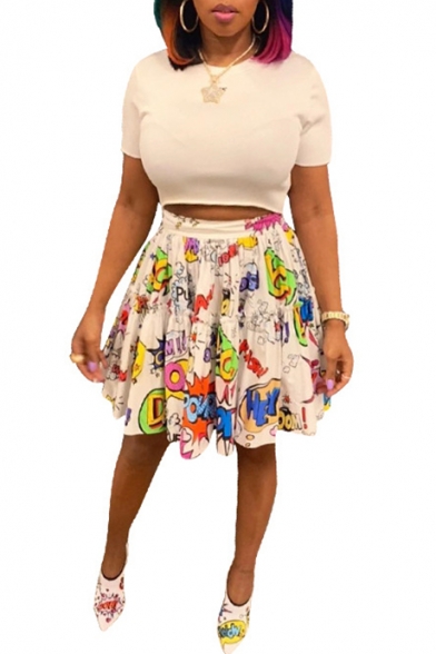 Trendy White Cartoon Pattern Elastic Waist Mini A-Line Flared Skirt