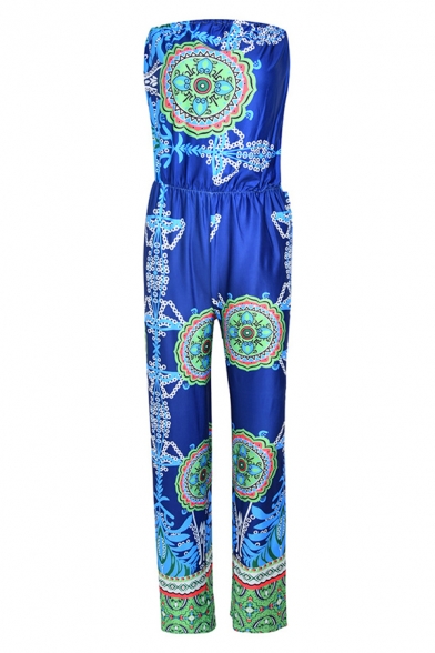 Trendy Womens Strapsless Tribal Print Elastic Waist Casual Jumpsuits for Women