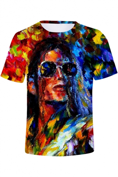 Unique Cool Colorful Oil Painting Figure Printed Round Neck Short Sleeve T-Shirt