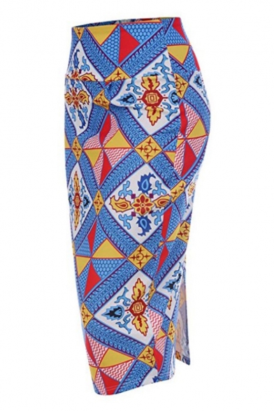Vintage Ethnic Style Blue Geometric Printed Midi Fitted Pencil Skirt for Women