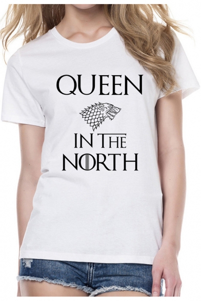Wolf Letter QUEEN IN THE NORTH Pattern Round Neck Short Sleeve White Tee