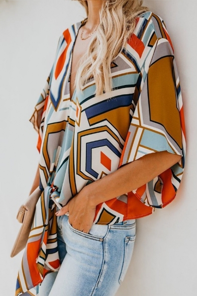Womens Colorblock Geometric Printed V-Neck Tied Hem Casual Loose Blouse Top