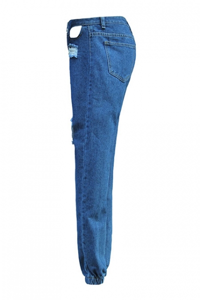 Womens Cool Dark Blue Sexy Cutout Distressed Hole Elasticized Cuff Casual Jeans