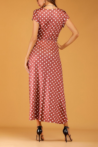 Womens Elegant Surplice V-Neck Short Sleeve Split Front Classic Polka Dot Print Maxi Wrap Dress