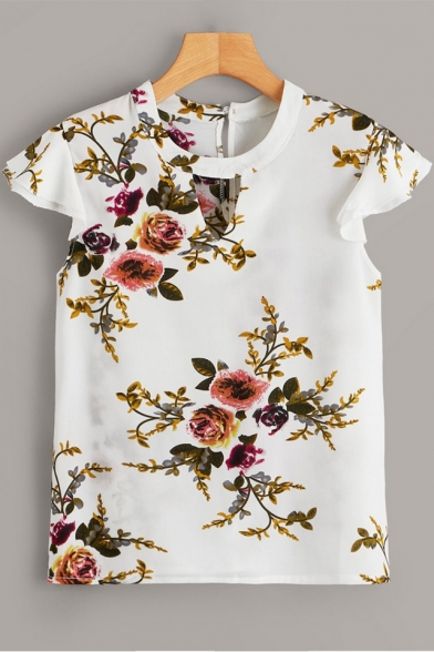 Womens Fashion Floral Print Cutout Round Neck Ruffled Sleeve Chiffon Blouse Top