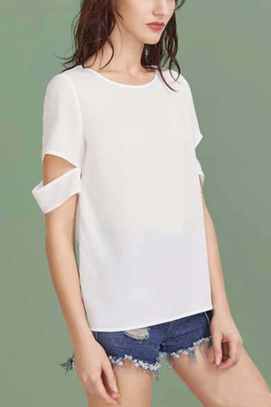Womens Fashion Hollow Out Short Sleeve Split Back Round Neck Relaxed T-Shirt