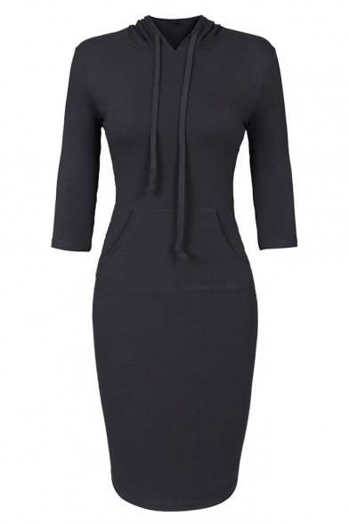 Womens Fashion Simple Solid Color Three-Quarter Sleeve Midi Fitted Hoodie Dress