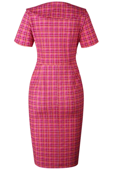 Womens Hot Fashion Pink Oversize Check Print Short Sleeve Button Down Lapel Commute Midi Dress for Special Occasion