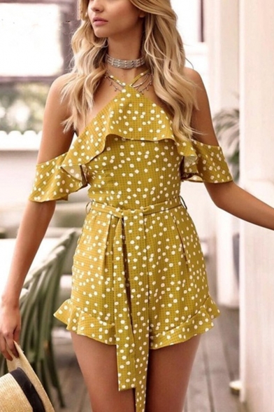 Womens Hot Sexy Polka Dot Printed Halter Neck Cold Shoulder Bow-Front Ruffle Trim Fitted Rompers