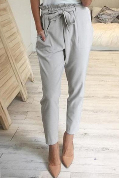 Womens Hot Stylish Plain Paperbag Waist Bow-Tie Pocket-Front Ankle Grazer Pants
