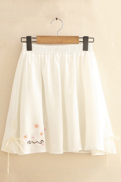 Womens Hot Stylish Sweet Elastic Waist Lace Up Side Sakura Embroidery Mini Summer Pleated Skirt