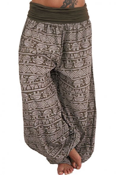Womens Hot Trendy Elastic Waist Plain Tribal Printed Loose Bloomer Pants
