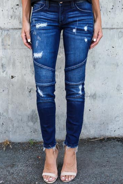 Womens New Fashion Ripped Raw Hem Pleated Regular Fit Jeans