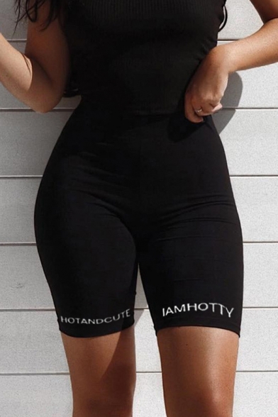 Womens New Stylish Summer Simple Letter Hem Bum Lift Shaping Sport Cycling Biker Shorts in Black