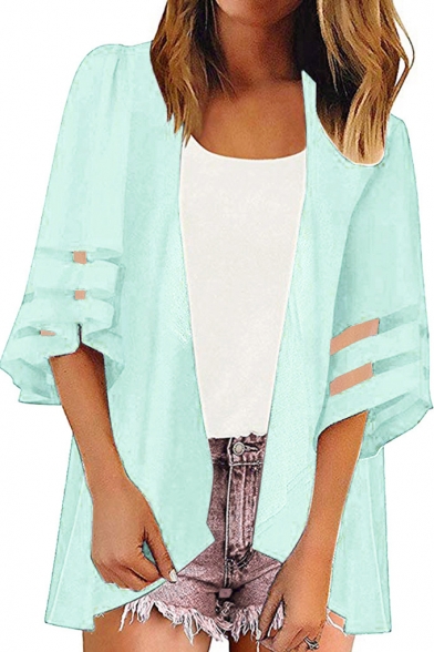Womens New Trendy Simple Plain Mesh-Panel Sleeve Sun Protection Beach Kimono Blouse