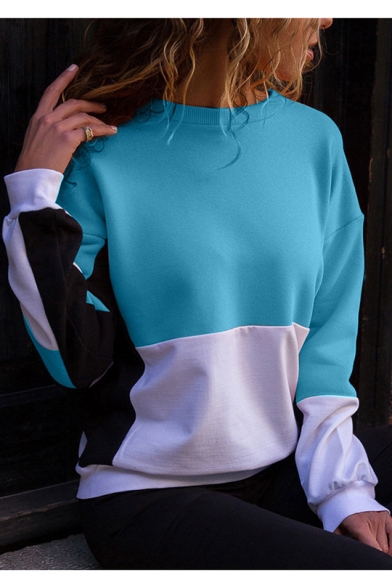 Womens Popular Color Block Crew Neck Long Sleeve Casual Pullover Sweatshirt