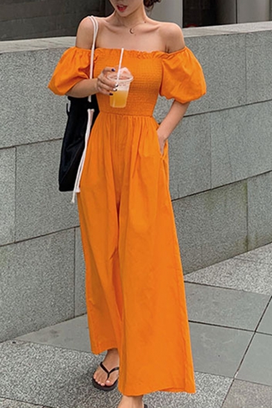 

Womens Popular Sweet Off Shoulder Puff Sleeve Wide Leg Casual Loose Shirred Jumpsuits, Black;orange, LM550452