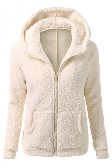 Womens Simple Plain Long Sleeve Zip Up Hooded Fluffy Fleece Coat