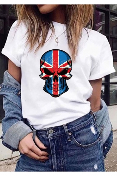 Womens Street Style Flag Skull Printed Hip Hop Short Sleeve T-Shirt