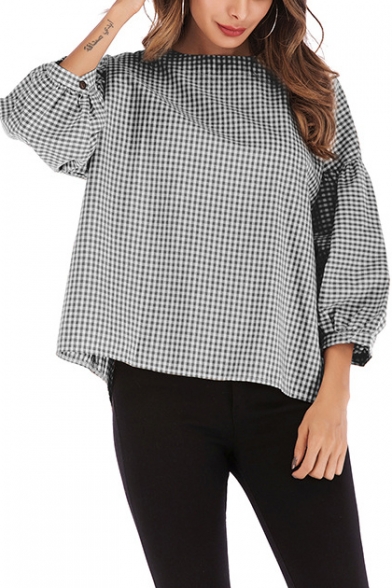 Womens Stylish Plaid Pattern Round Neck Puff Long Sleeve Casual Loose Blouse Top