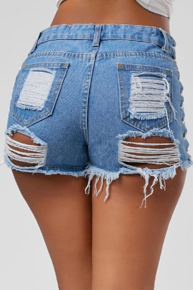 Womens Stylish Sexy Hollow Out Lace-Up Side Distressed Raw Hem Skinny Hot Pants Nightclub Denim Shorts