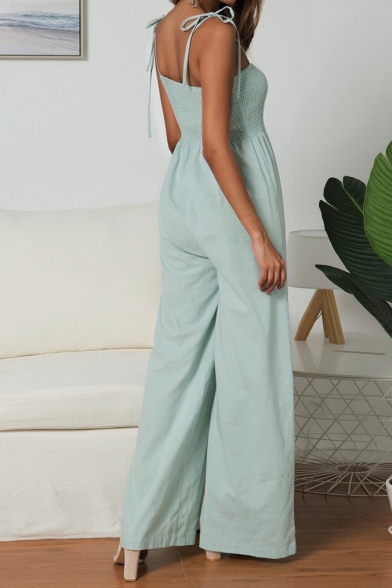Womens Stylish Simple Plain Cotton and linen Straps Shirred Fitted Blouse Top Wide Leg Jumpsuit