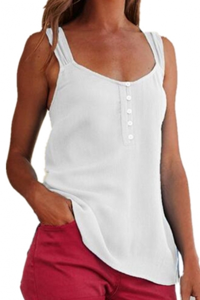Womens Summer Basic Simple Plain Button Front Sleeveless Casual Tank Top