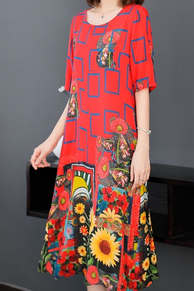 Womens Summer Chic Red Floral Printed Round Neck Maxi Swing Dress