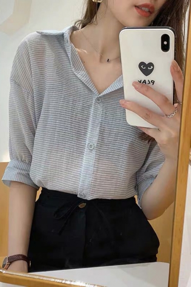 Womens Summer Chic Striped Texture Casual Loose Chiffon Button Shirt