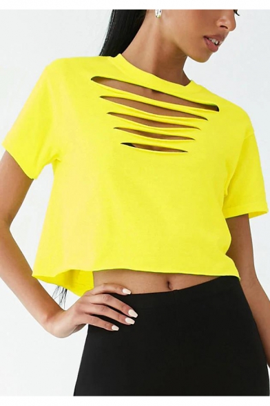 

Womens Summer Crew Neck Short Sleeve Cutout Plain Yellow Crop Tee, LM545224