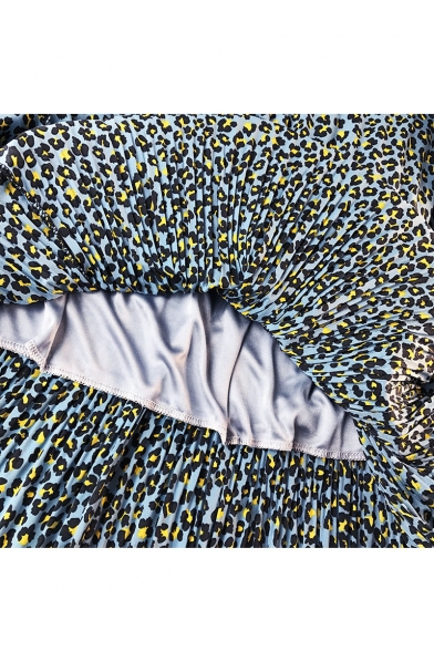 Womens Summer Hot Popular Leopard Print Elastic High Waist Pleated Maxi Skirt