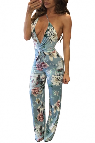 Womens Summer New Fashion Blue Floral Printed V-Neck Straps Backless Slim Convertible Jumpsuits