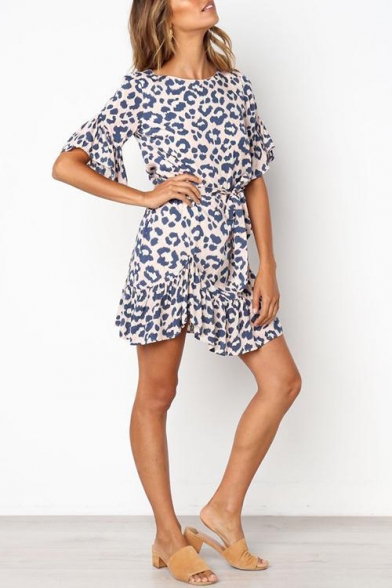 Womens Summer Stylish Leopard Printed Round Neck Short Sleeve Bow-Tied Waist Mini Blue A-Line Dress