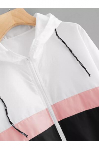 Womens Trendy Color Block Long Sleeve Zip Up Drawstring Hooded Coat Jacket