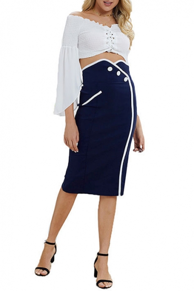 Womens Trendy Plain Blue High Rise Contrast Trim Midi Bodycon Pencil Skirt