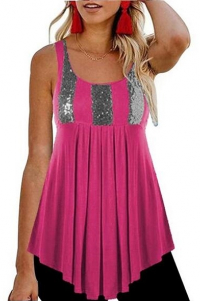 Womens Trendy Sequined Patchwork Scoop Neck Sleeveless Asymmetrical Pleated Tank Top