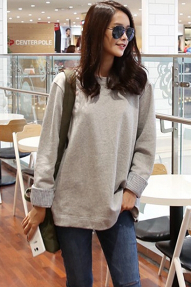 Womens Unique Light Grey Fake Two-Piece Striped Patched Round Neck Long Sleeve High Low Sweatshirt