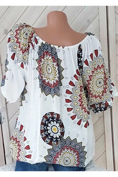 Womens White Tribal Pattern Tied V-Neck Short Sleeve Loose Leisure Blouse