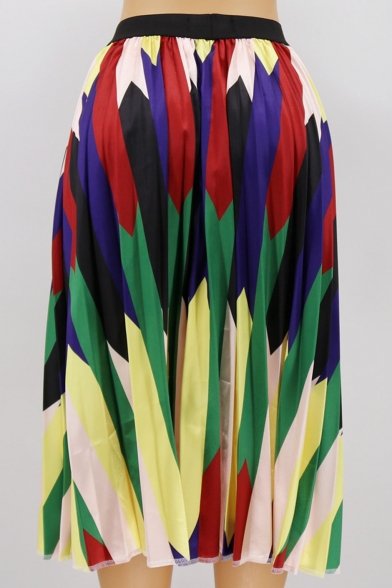 Womnes Hot Popular Summer Geometric Print Elastic Waist Pleated Midi A-Line Skirt