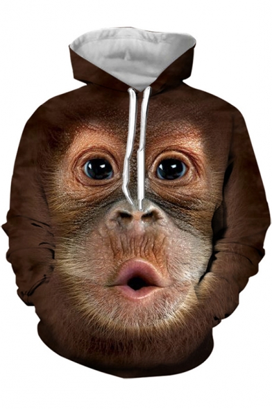 3D Funny Gorilla Face Printed Long Sleeve Khaki Drawstring Hoodie